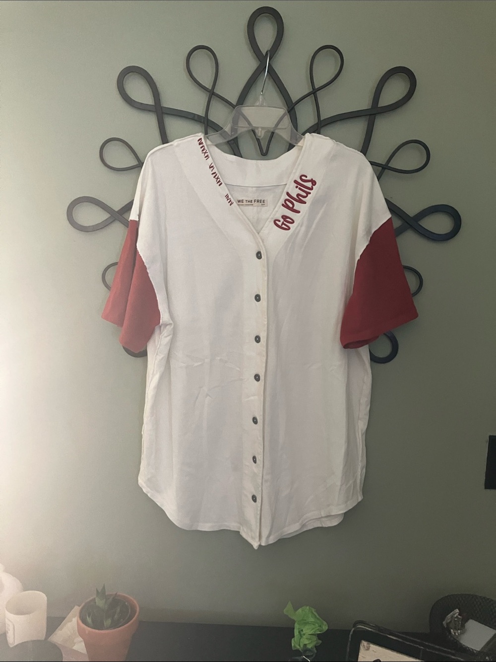We The Free White and Red Button-Front Jersey Top